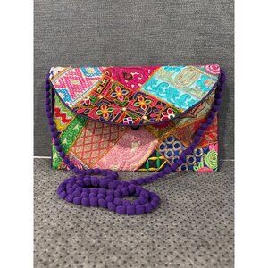 Colorful Patchwork Embroidered Clutch Purse With Purple Beaded Strap & Zippered
